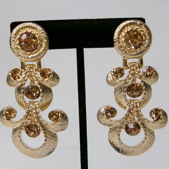 Crown Nine CN Large Gold Tone Amber Crystal Drop Clip Earrings - Picture 1 of 2